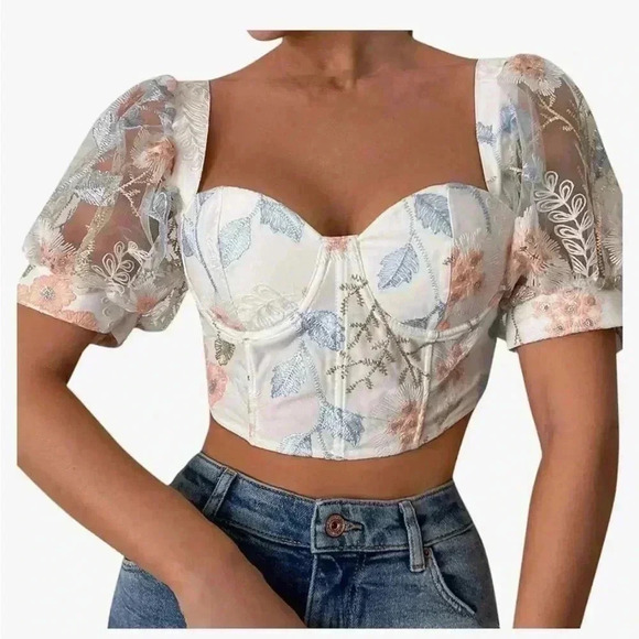 SHEIN Embroidered Floral Cropped Balloon 3/4 Sleeve Boho Blouse Size 6 - Picture 1 of 9